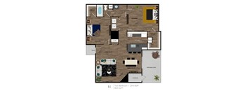 A floor plan of a two bedroom apartment with one bathroom.