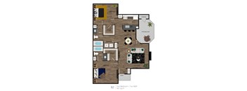 A floor plan of a two bedroom apartment with two bathrooms.