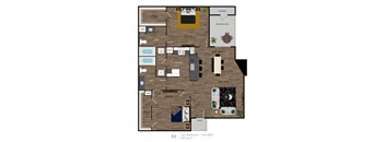A floor plan of a B3 apartment with two bedrooms and two bathrooms.