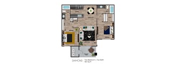 A floor plan of a two bedroom, two bath apartment.
