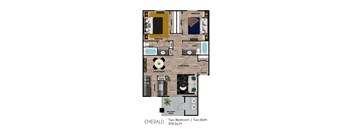 A floor plan of a two bedroom apartment with two bathrooms.