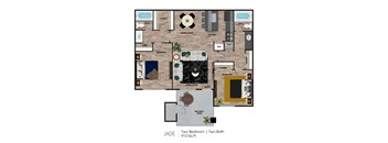 A floor plan of a two bedroom apartment with two bathrooms.