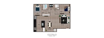 A floor plan of a two bedroom, two bathroom apartment.