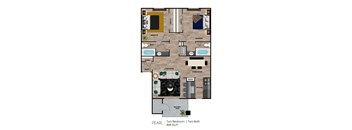A floor plan of a two bedroom, two bath apartment.
