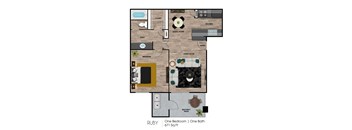 A floor plan of a one bedroom apartment with one bath.