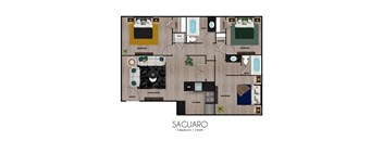 A floor plan of a Saguaro apartment with 3 bedrooms and 2 baths.