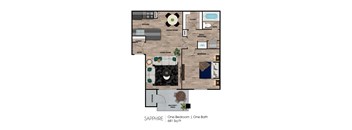 A floor plan of a one bedroom apartment with one bath.