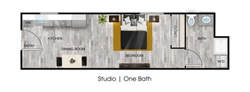 A floor plan of a studio apartment with one bath.