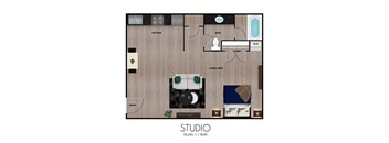 A floor plan of a studio apartment with a living area, kitchen, and bathroom.