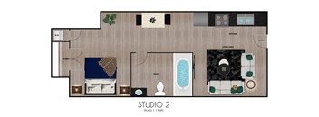 A floor plan of a studio apartment with a living area, kitchen, and bathroom.