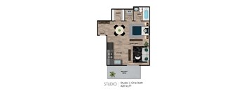 A floor plan of a studio apartment with a living area, kitchen, bathroom, and balcony.