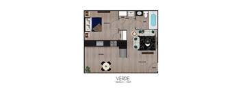 A floor plan of a one bedroom apartment with a bathroom.