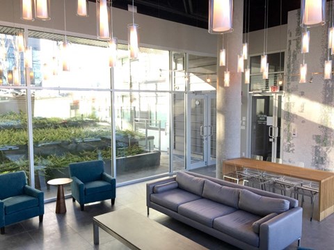 A modern living room with a grey sofa and blue chairs.