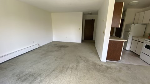 A spacious living room with a carpeted floor and a kitchen area in the background.