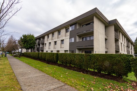 A modern building with a grey facade and a concrete walkway in front.