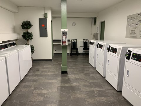 A laundromat with a row of washers and dryers.