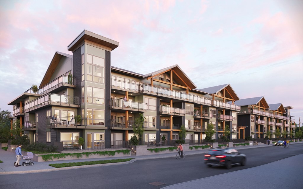 a rendering of a large apartment building with cars on the street