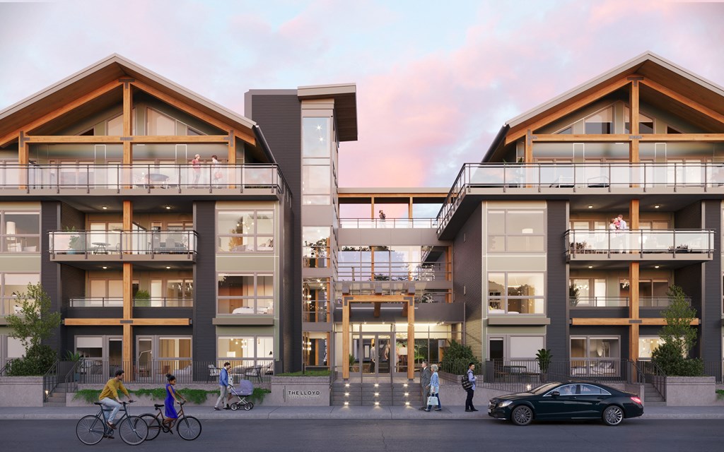 a rendering of a large apartment building with balconies and cars