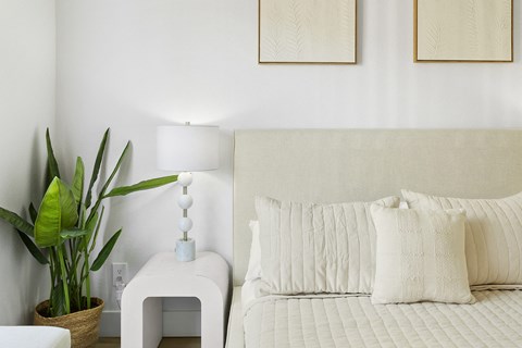 a bedroom with a bed and a plant