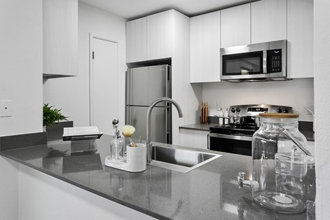 A modern kitchen with a black countertop and stainless steel appliances.
