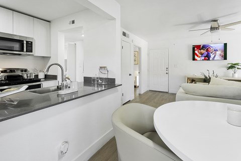 A modern kitchen with white cabinets and a large island.