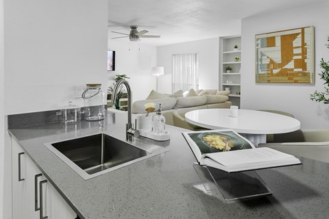A modern kitchen with a grey countertop and a white sink.