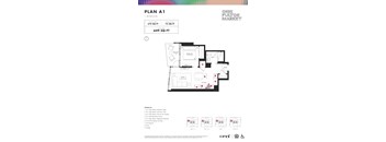 One bedroom one bathroom floorplan with balcony at Onni Fulton Market Apartments, Chicago, IL