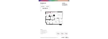 One bed one bathroom floorplan with balcony at Onni Fulton Market Apartments, Chicago