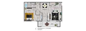 A floor plan of a one bedroom apartment with one bath.