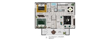 A floor plan of a two bedroom apartment with one bath.