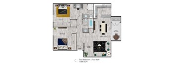 A floor plan of a two bedroom apartment with two bathrooms.