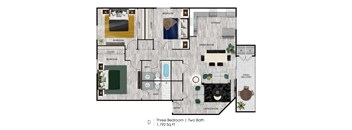 A floor plan of a house with three bedrooms and two bathrooms.
