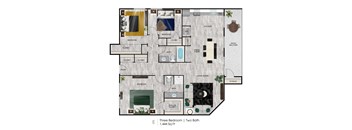 A floor plan of a three bedroom apartment with two bathrooms.