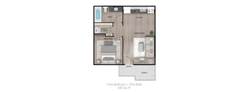 A floor plan of a one bedroom apartment with one bath.