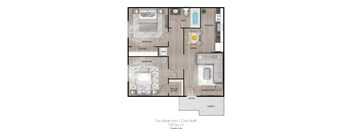 A floor plan of a two bedroom apartment with one bathroom.