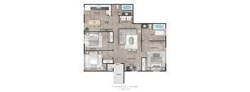 A floor plan of a three bedroom apartment with two bathrooms.