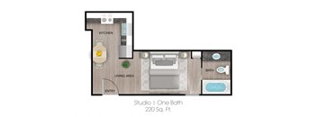 A floor plan of a studio apartment with one bath and a living area.
