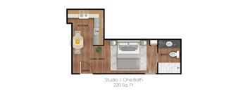 a floor plan of studio one bath 220 sq. ft