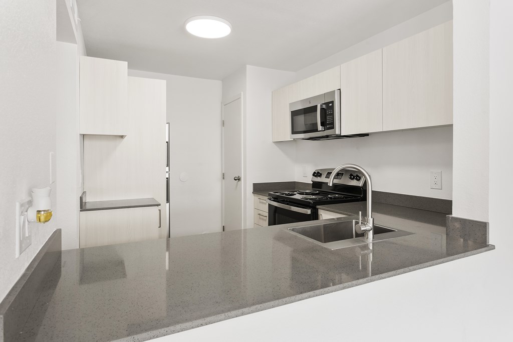 A modern kitchen with a stove top oven and a microwave above it.