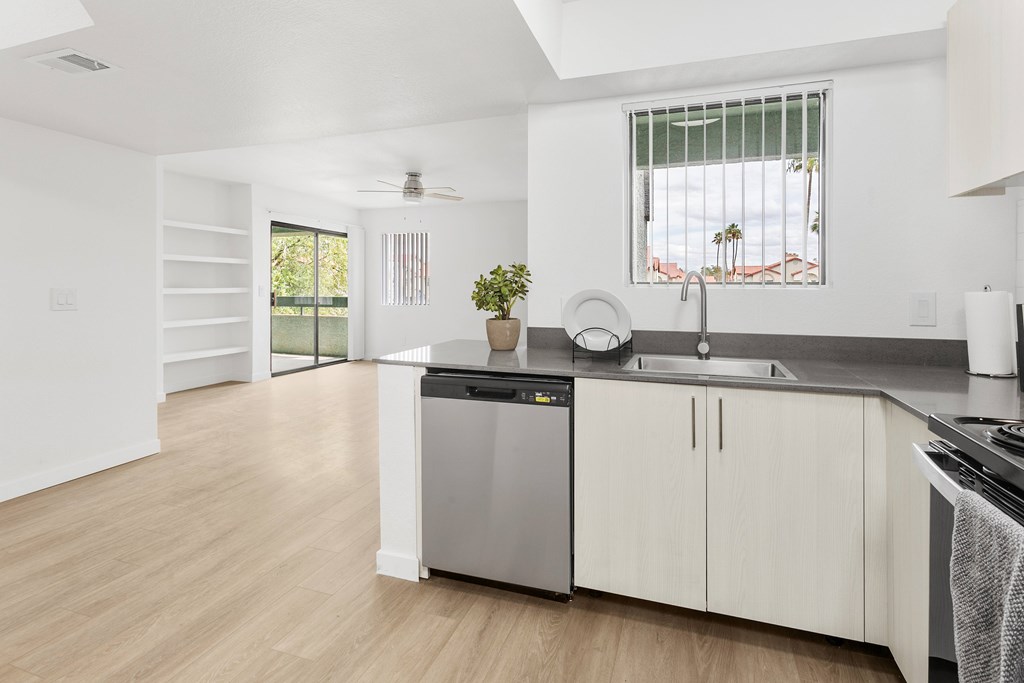 A kitchen with a stainless steel dishwasher and a black countertop.