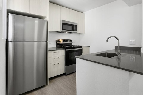 A modern kitchen with a stainless steel refrigerator and black countertops.
