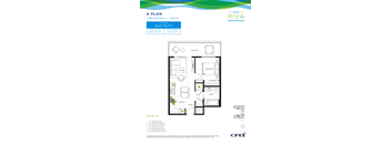 A floor plan for a 1 bedroom plus 1 bath apartment at Bent Riva Residences.