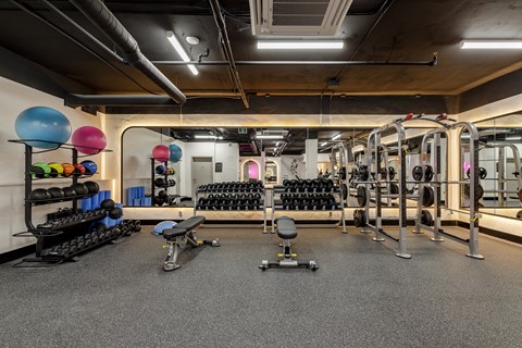 A gym with a variety of equipment including dumbbells, weight plates, and a bench.