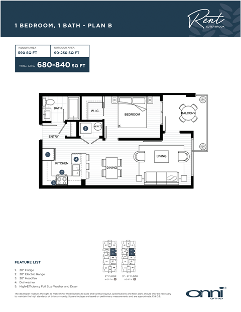 A floor plan for a 1 bedroom, 1 bath apartment with a feature list.