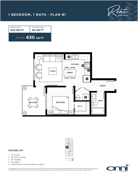 A floor plan for a 1 bedroom, 1 bath apartment with a total living area of 630 sq ft.