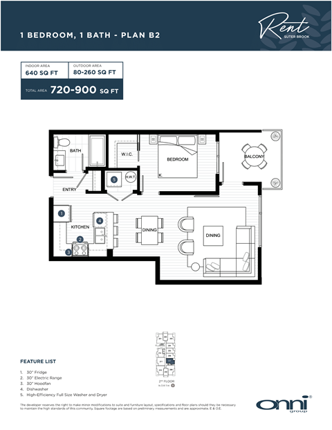 A floor plan for a 1 bedroom, 1 bath apartment with a balcony.