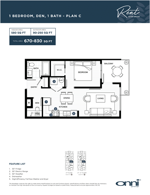 A floor plan for a 1 bedroom, den, 1 bath apartment with a feature list.