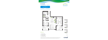 A floor plan for a 2 bedroom, 1 bath apartment at Rent Riva Residences.