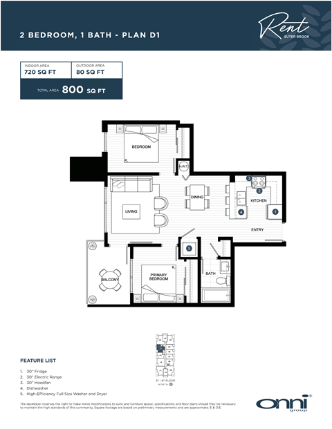 A floor plan for a 2 bedroom, 1 bath apartment with a feature list.