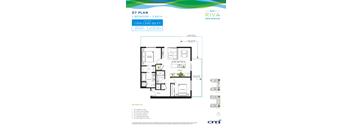 A floor plan for a 2 bedroom, 2 bath rental by Riva Residences.